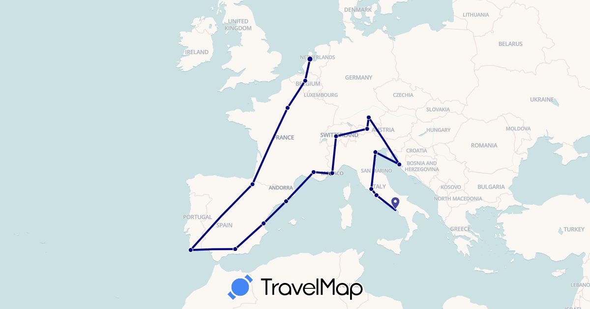 TravelMap itinerary: driving in Austria, Belgium, Switzerland, Germany, Spain, France, Croatia, Italy, Monaco, Netherlands, Portugal, Vatican City (Europe)